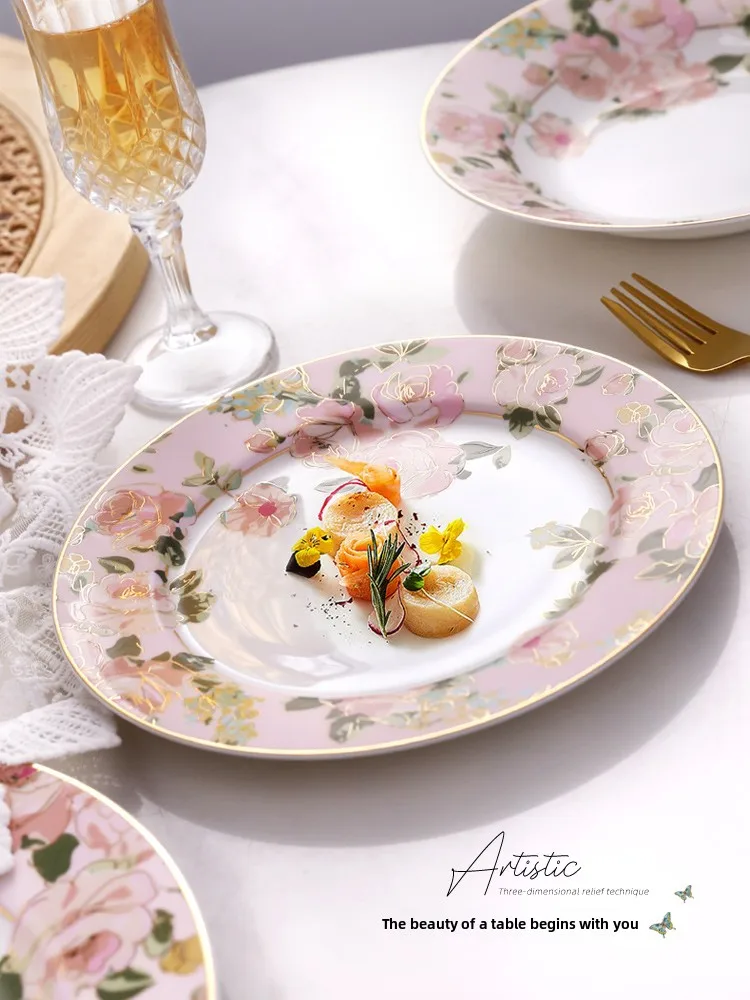

Luxury Cerc Bowl Plate Set Home Use Countryside Sle Gold Bone China Dining Utensils Combination Deep Di Plant Floral