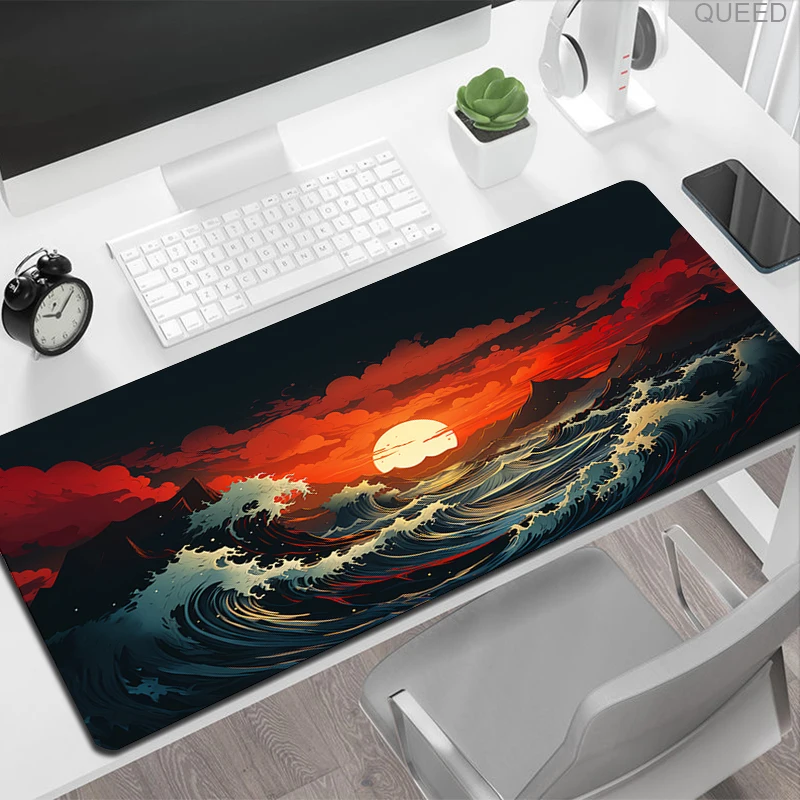 Mouse Pad Gamer Black And White Great Wave XL Mousepad Mechanical Keyboard Pad Non-Slip Big Carpet Natural Rubber XXL Mouse Mats