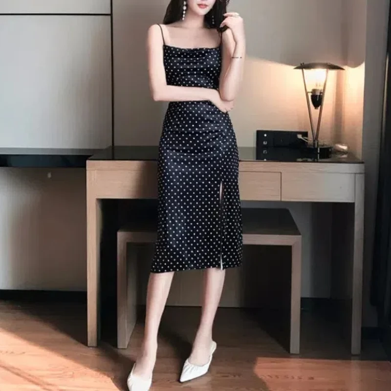 All-match Flattering Summer Women's Clothing Pullover Camisole Slash Neck Polka Dot Printing Knee Skirts Office Lady Dresses