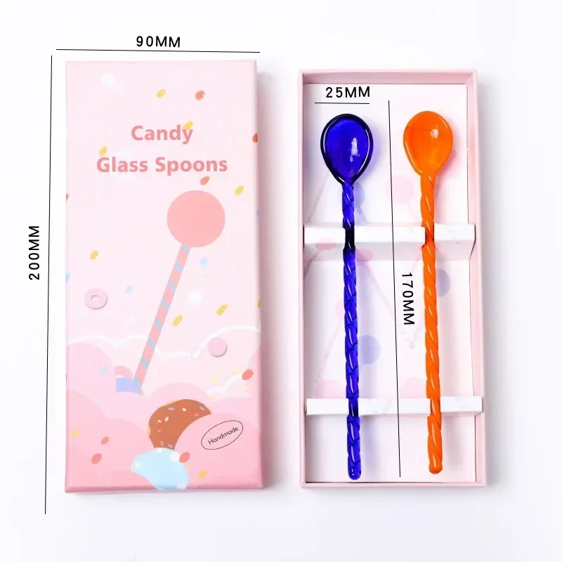 Macaroon Color Glass Coffee Scoops Dessert Teaspoons with Twist Handle Gift Box 2 Set Milk Spoon Cafe Accessories