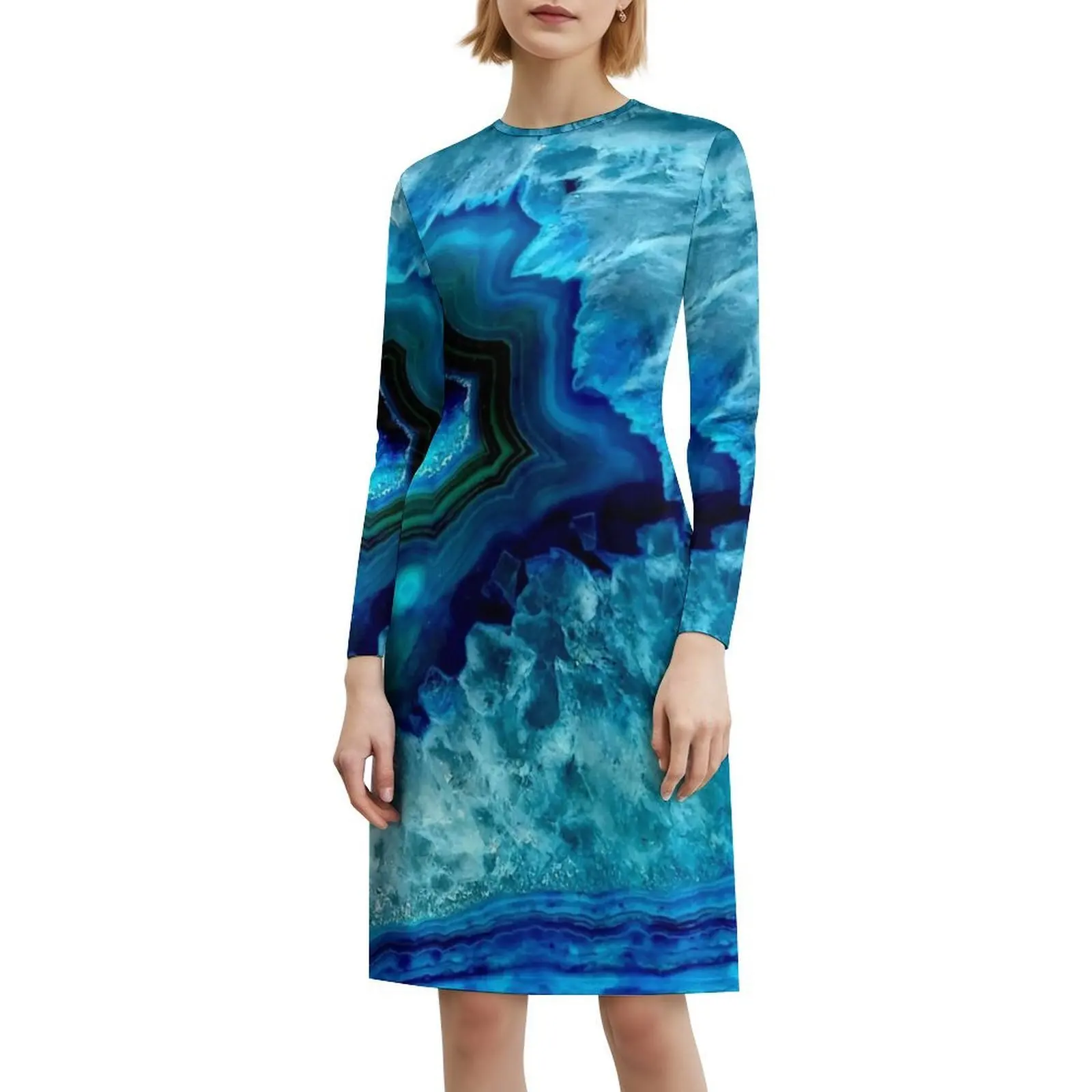 الهدوء الفيروزي: فستان بوهيمي عازل كوارتز معدني بدون أكمام متعدد الطباعات لحفلات عطلة الشاطئ باللون الفيروزي