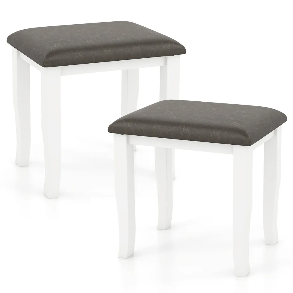 2PCS Vanity Stool Chair Solid Wood Ottoman Set w/ Padded Seat Cushion Gray
