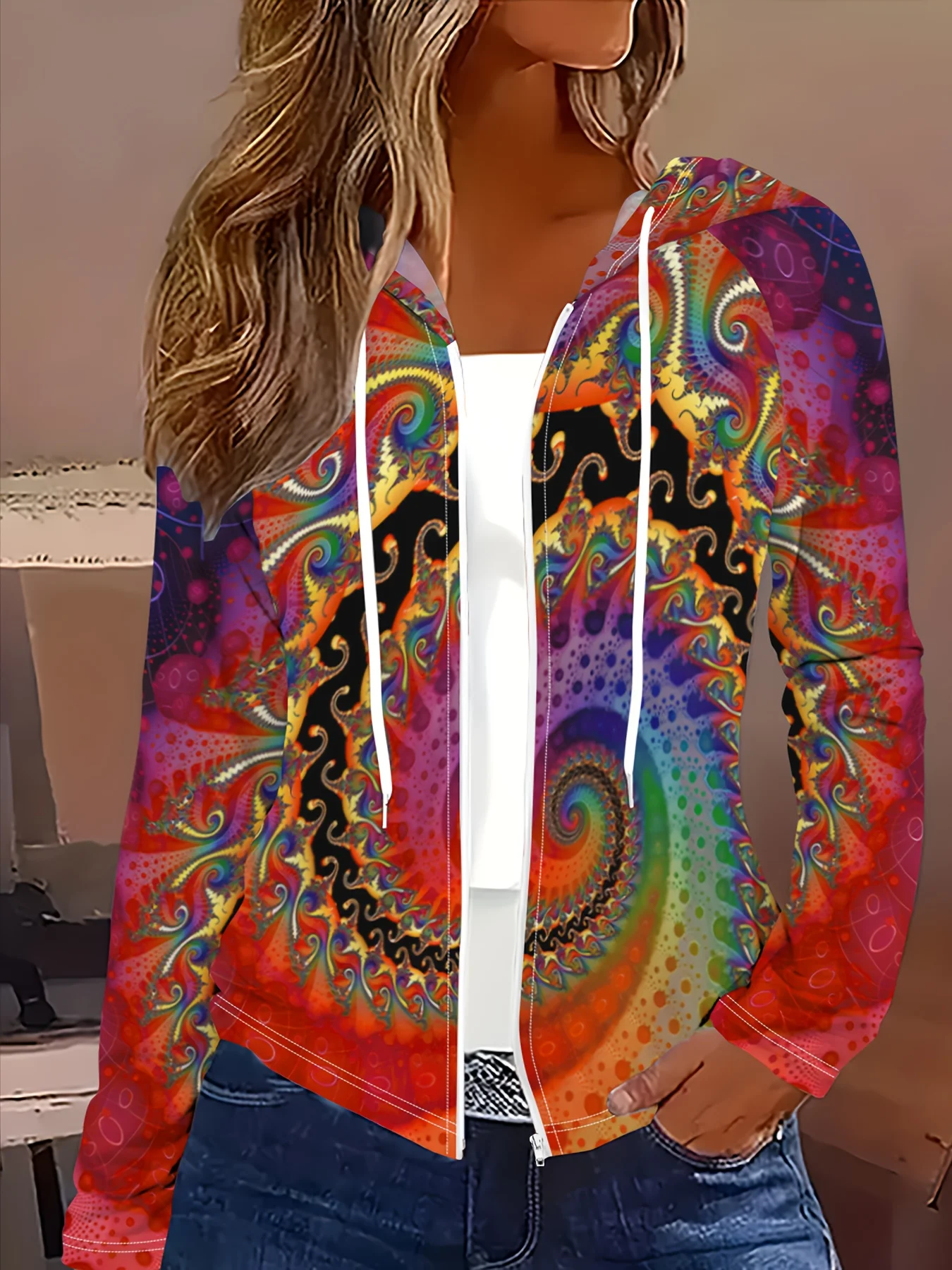

Куртка с капюшоном в повседневном стиле весна-осень с психоделическим принтом в виде спиральных радуг