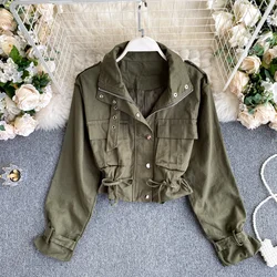 New Fashion Spring Autumn Women's Jacket Solid Safari Style Turn Down Collar Full Sleeve All Match Short Coat with Pockets