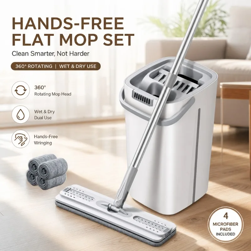 Hands-Free Flat Mop and Bucket Set 360 Rotating Wet Dry Floor Cleaning System with Microfiber Pads for Kitchen Hardwood Tile