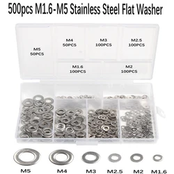 500pcs Stainless Steel Flat Washer M1.6 M2 M2.5 M3 M4 M5 Combination Plain Washer Gaskets Assortment Kit