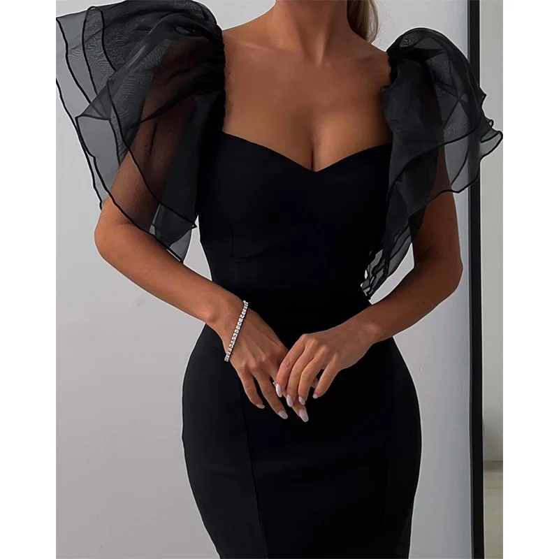 Mesh Vlinder Mouw Schede Bodycon Jurk Vrouwen Vierkante Hals Midi Robe Femme Effen Zwarte Vestidos Mujer Sexy Dame Feestjurken