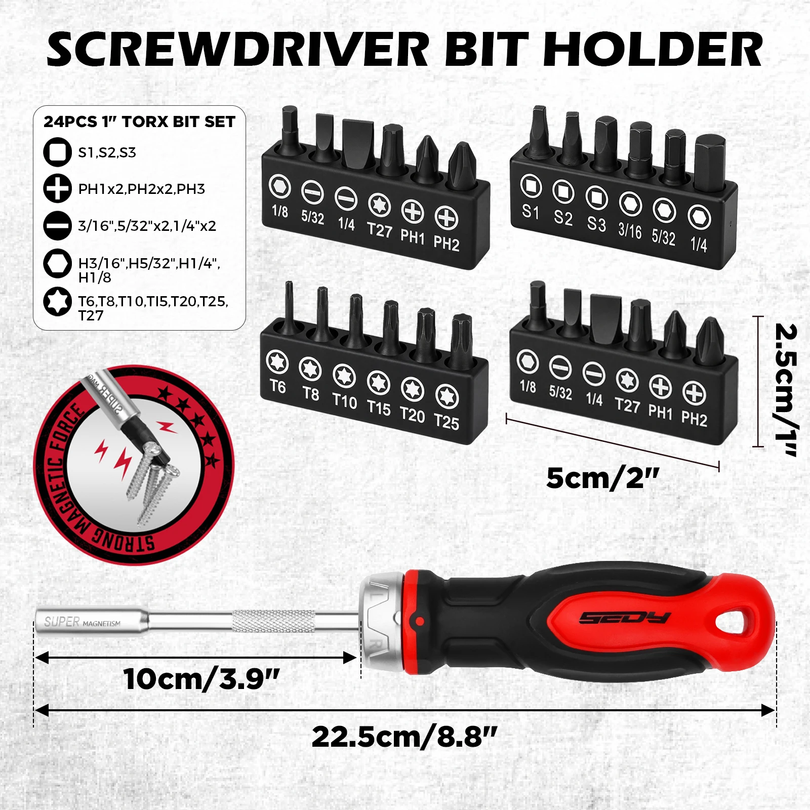 SEDY 26-Pc Magnetic Ratchet Screwdriver Bit Set S2 Steel Telescopic Rod for Home Garage DIY Repair