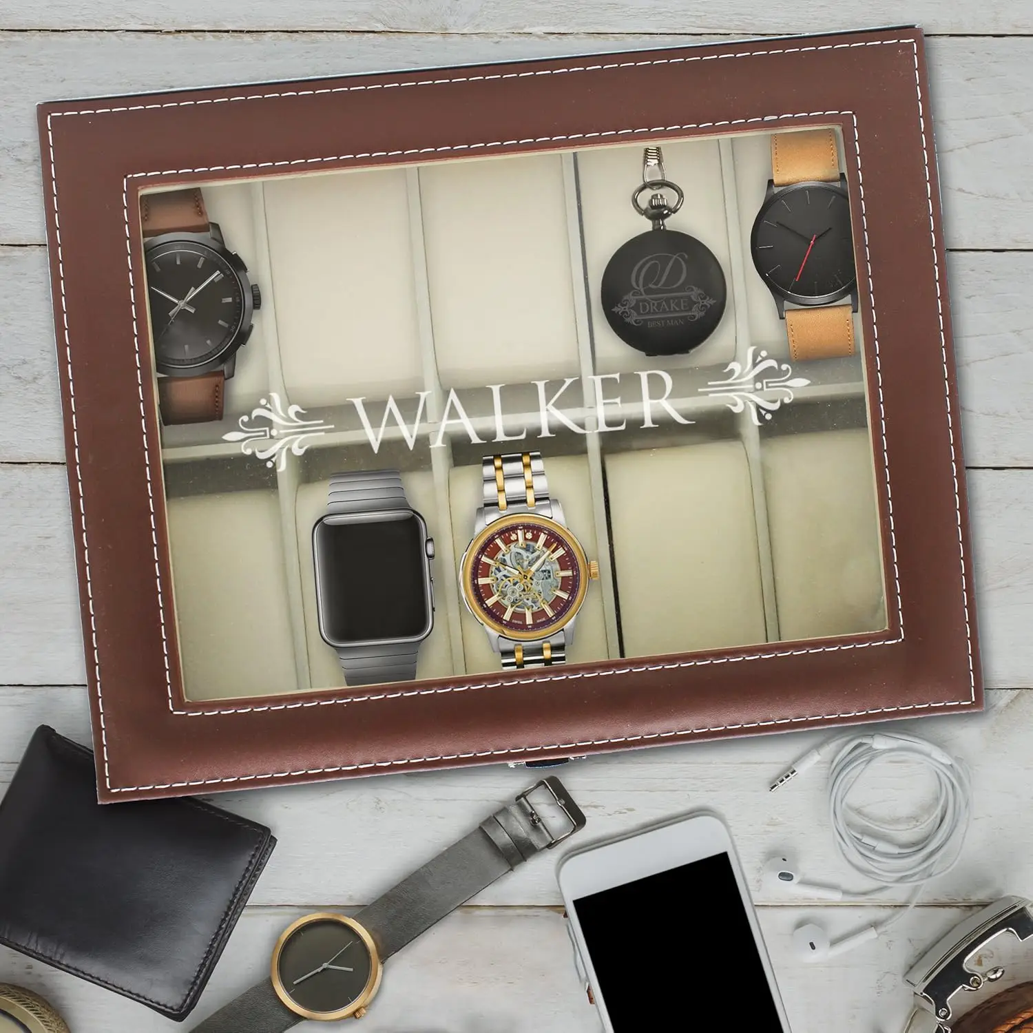 Custom Engraved Watch Storage Box with Glass Top - Holds 10 Watches, Perfect Gift for Men