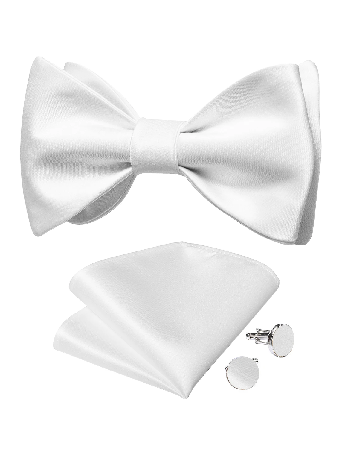 Classic White Selr-tie Bowtie with Ring Pocket Square Cufflinks Set Fashion Solid Men's Bow Tie for Wedding Groom Business Knots