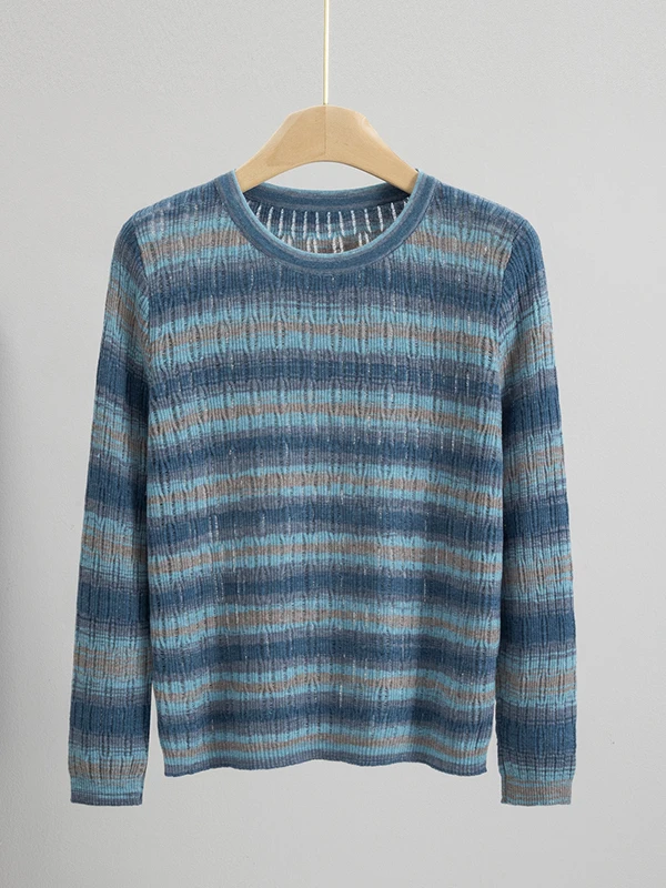 

Soft Hollow out Striped Women's Sweater Gentle Retro Design Trendy Knitted irt Sweet Sle Regular Fit Long Sve round Ne