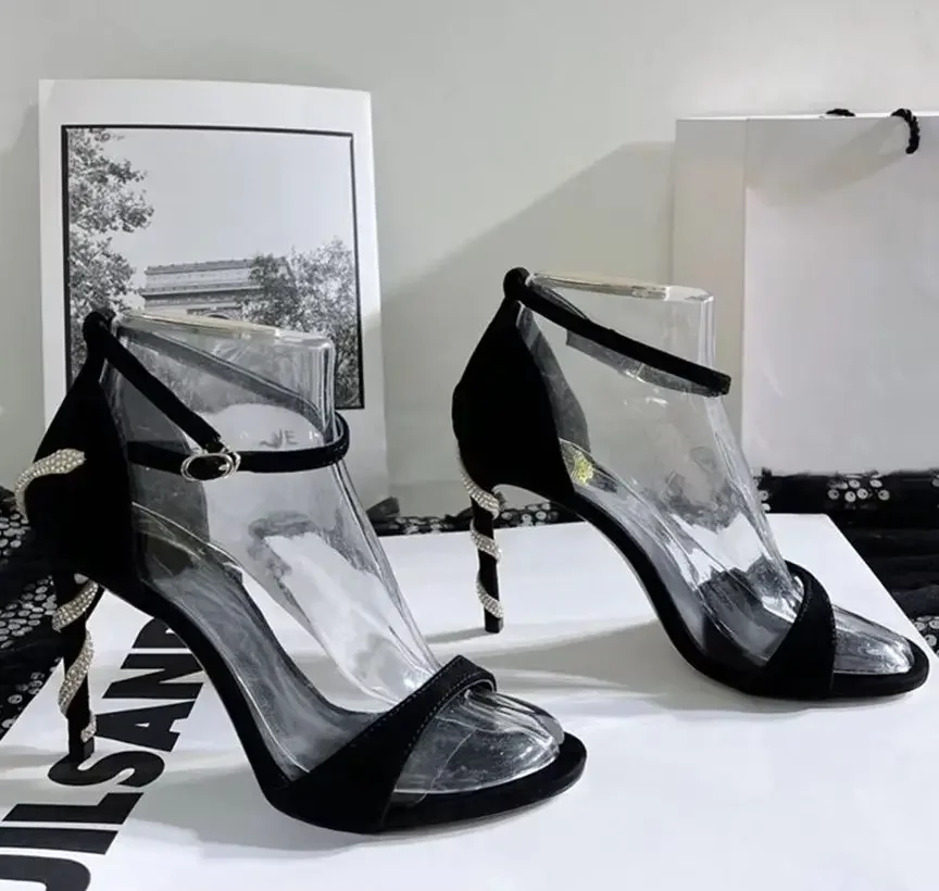 

Snake Twine Stiletto Heel Sandals Black Suede One Word Belt Open Toe Sandals Women Fashion Luxury Shoes Party Banquet Sandals