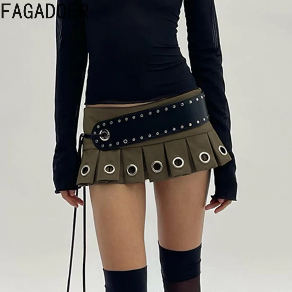 FAGADOER Punk Gothic 2 Piece Set Outfits Leather Bandage Lace-up Crop Top and Mini Pleated Skirt Suits Y2k Hot Girl Streetwear