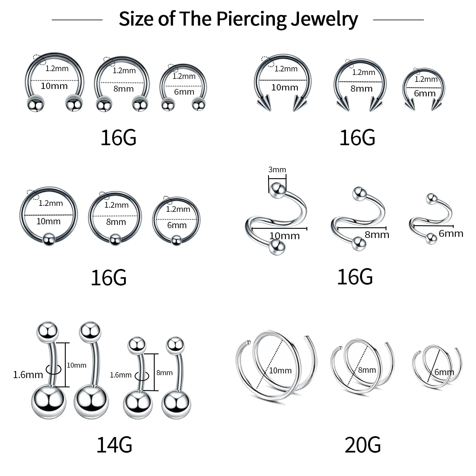 Mixed-size Piercing Jewelry with 12G 14G 16G 20G Needle for Nose Ear Eyebrow Septum Lip Ear Belly Button Cartilage