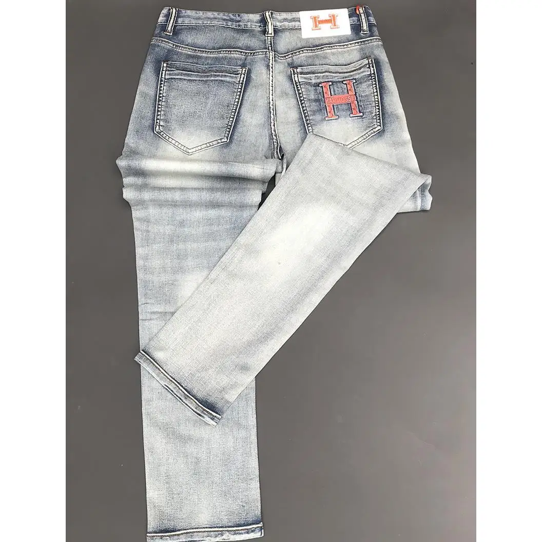 New high-end hot stamping jeans men's retro elastic slim-fitting small feet nostalgic washed trousers