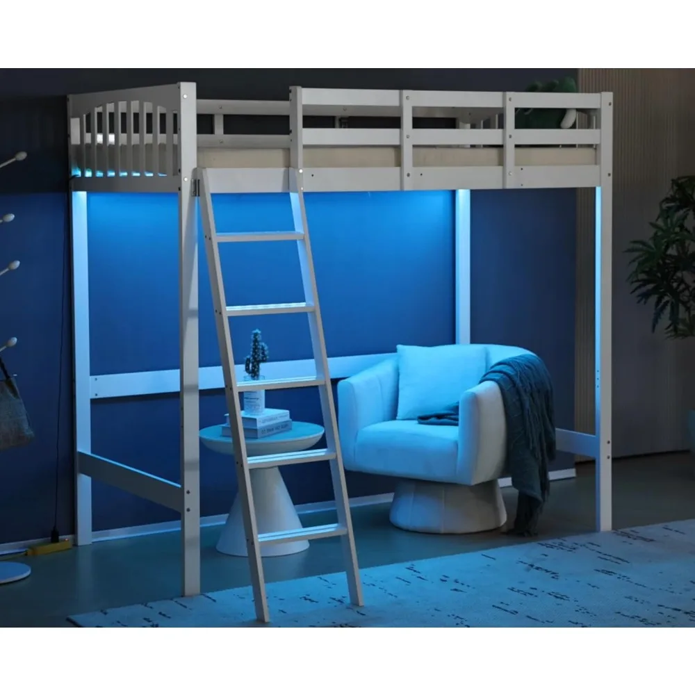 Loft Bed Twin Size with USB Charging Station/LED, Solid Wood Single Loft Bunk Bed with Flat Rungs for Kids/Teens/Adults