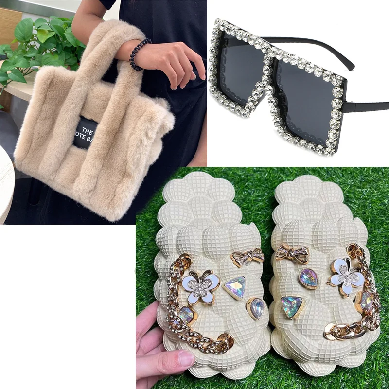 Women Summer New Bubble Shoes Anti-slip Massage Slippers Fashion Plush Tote Bag Large Capacity One-shoulder Fur Bag Shoe Bag Set