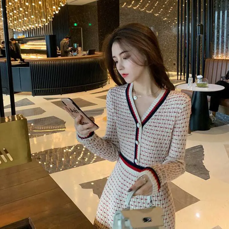 Women Clothes All-match Buttons Knitting V-neck Long Sleeve Midi Dress Autumn Winter Elegant Patchwork Slim Pullover Dresses
