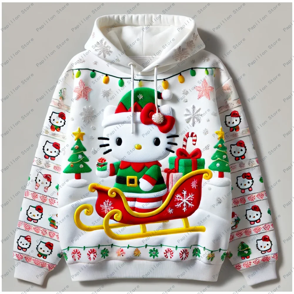 Hello Kitty Tree Friend Pullover Hoodie Women Santa Claus Tree Girls Tee Top Clothes Sweatshirts Hoodie Halloween Gift Christmas