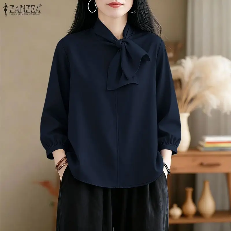 

Vintage Women 3/4 Sleeve Work Blouse ZANZEA Spring Summer Shirt Casual Solid OL Work Tops Mujer Female Lace -Up Blusas Oversize