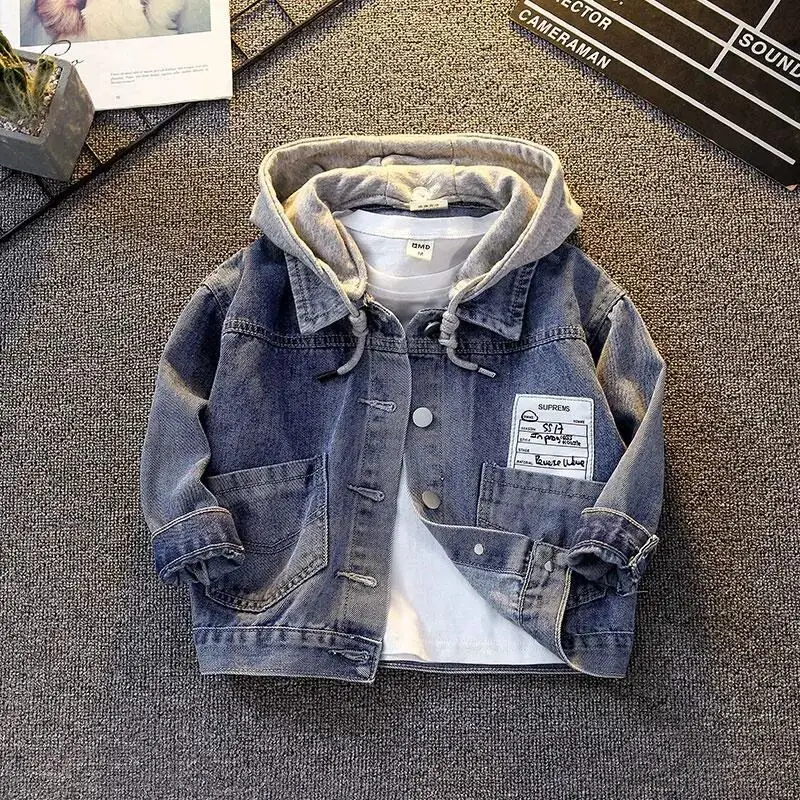 Boys Baby Jacket Spring and Autumn New Clothing Korean Edition Denim Coat Children\'s Hooded Denim Top