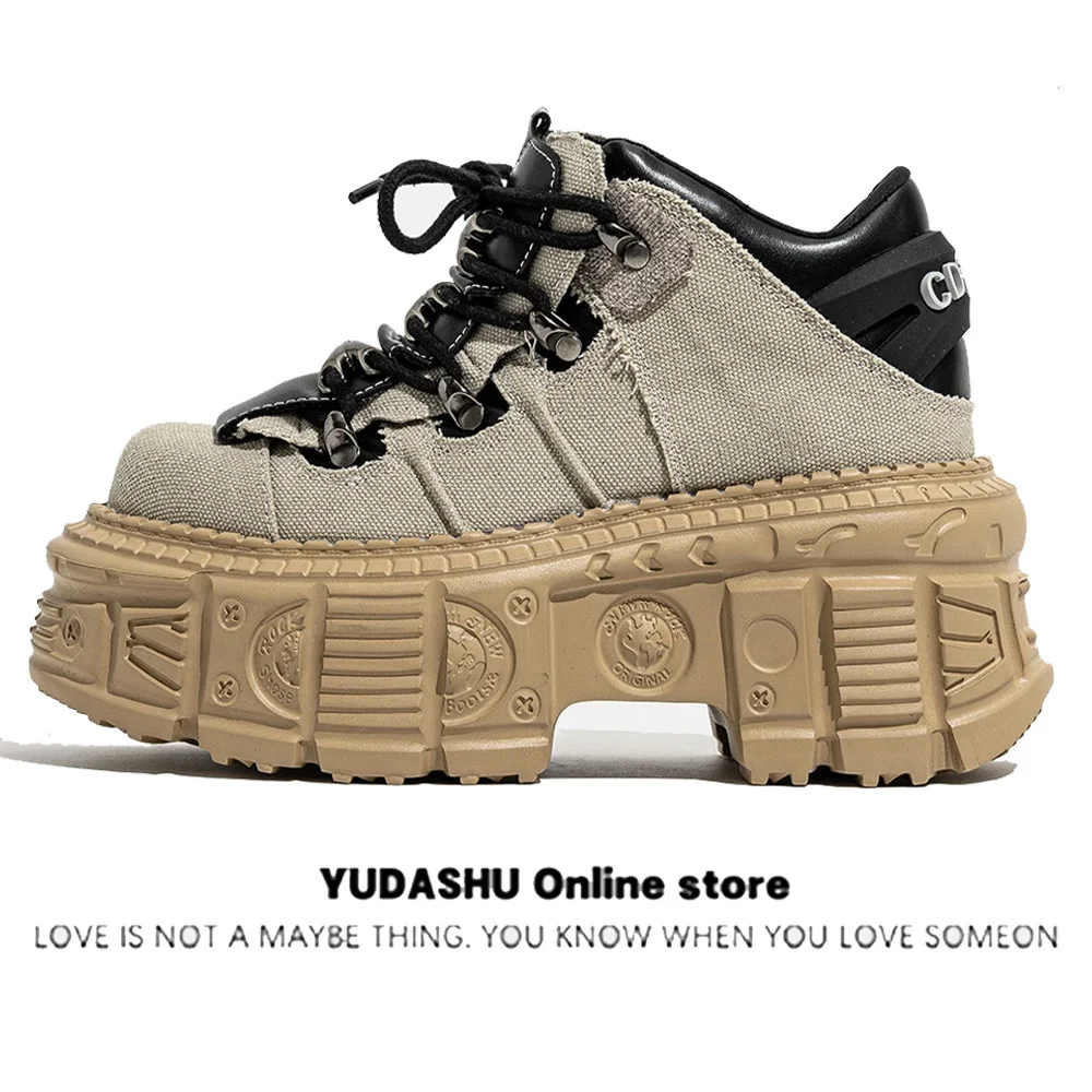 

Retro Mix Color Thick Bottom Motorcycle Boots Waterproof Lace UP Sneakers Fashion Platform Non Slip Round Toe Casual Sport Shoes