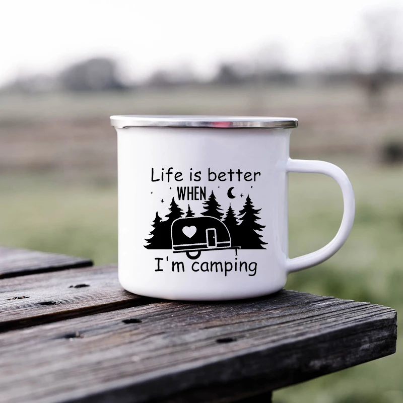 Camping Mug Happy Campers Campfire Enamel Camping Cups  Outdoor Campervan Coffee Mug Mug Adventure Cup Camper Van Gift