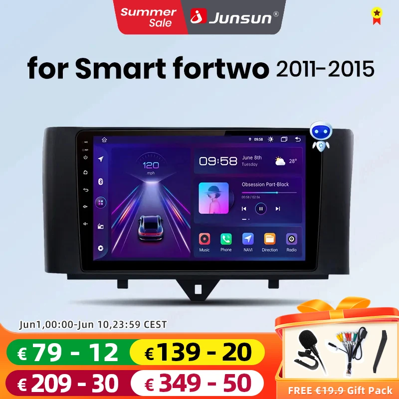 Junsun-Autoradio Android CarPlay sans fil pour Smart Fortwo, systèmes intelligents de voiture, RDS, BT, DSP, autoradio 2 DIN, 451, 2005 - 2015