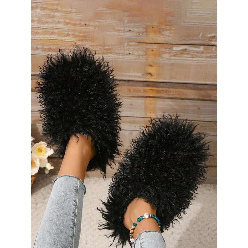 Women's comfortable and simple plain fluffy home slippers, women's plush slippers home shoes,