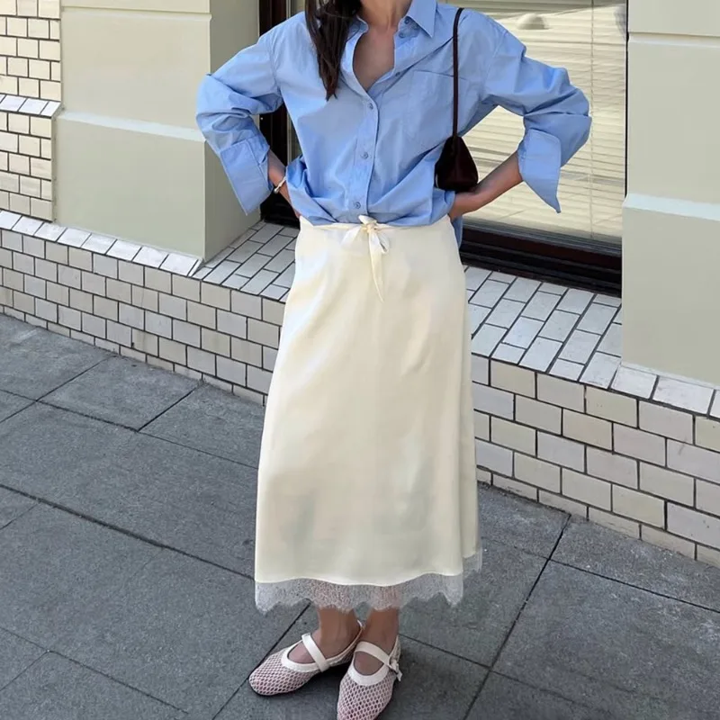 

Tuularose Patchwork Satin Summer New A-line Lace Women Skirt Apricot Lace Up High Waist Skirt Casual Y2k Vacation Streetwear