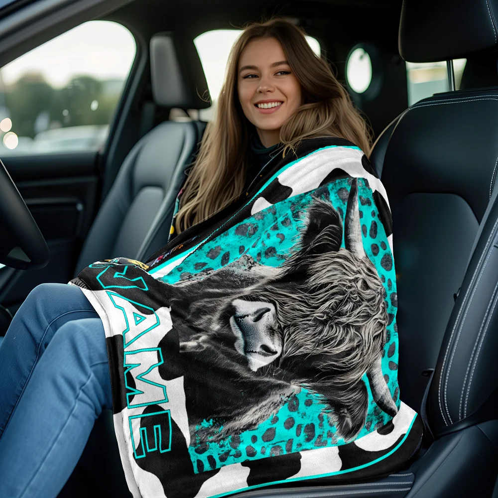 Personalized Highland Cow Print Flannel Blanket – Soft, Lightweight Throw with Bold Leopard Pattern & Teal Accents – Custom Name