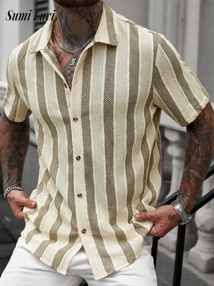 

Повседневные мужские трикотажные рубашки для отпуска, вязаная рубашка с короткими рукавами и лацканами на пуговицах, весна-лето 2026, стильные лоскутные полосатые рубашки