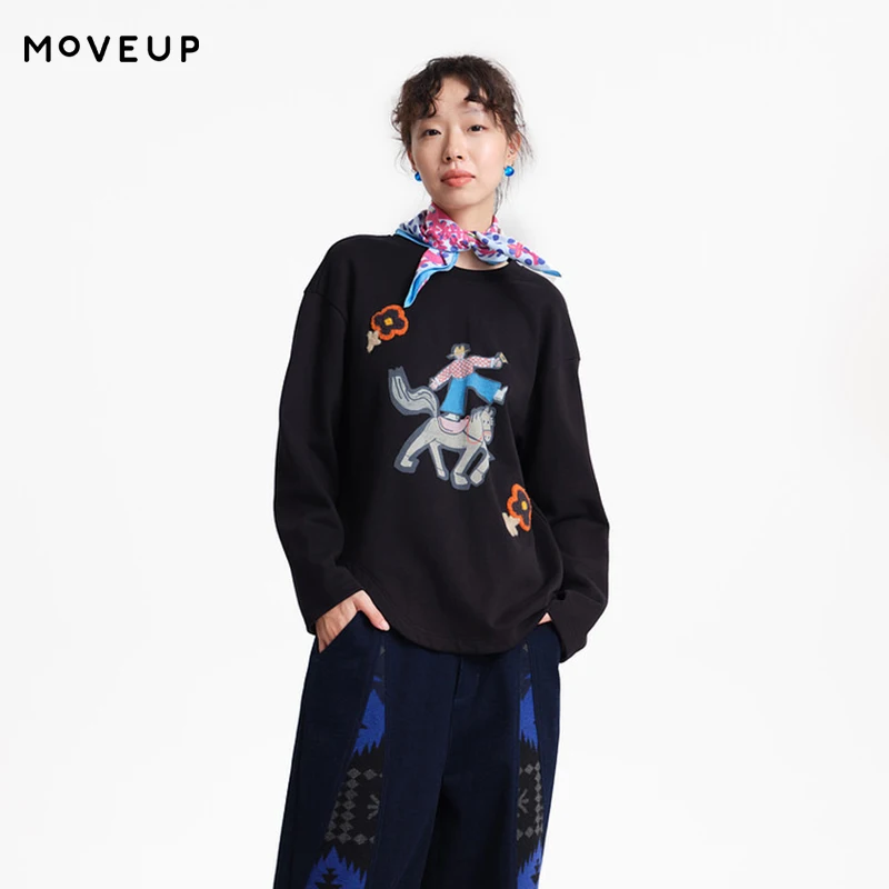 MOVEUP Long Sleeves Round Neck T-Shirt Winter Irregular Curved Hem Fun Embroidered Floral Printing Casual Women Top 3EWD10507