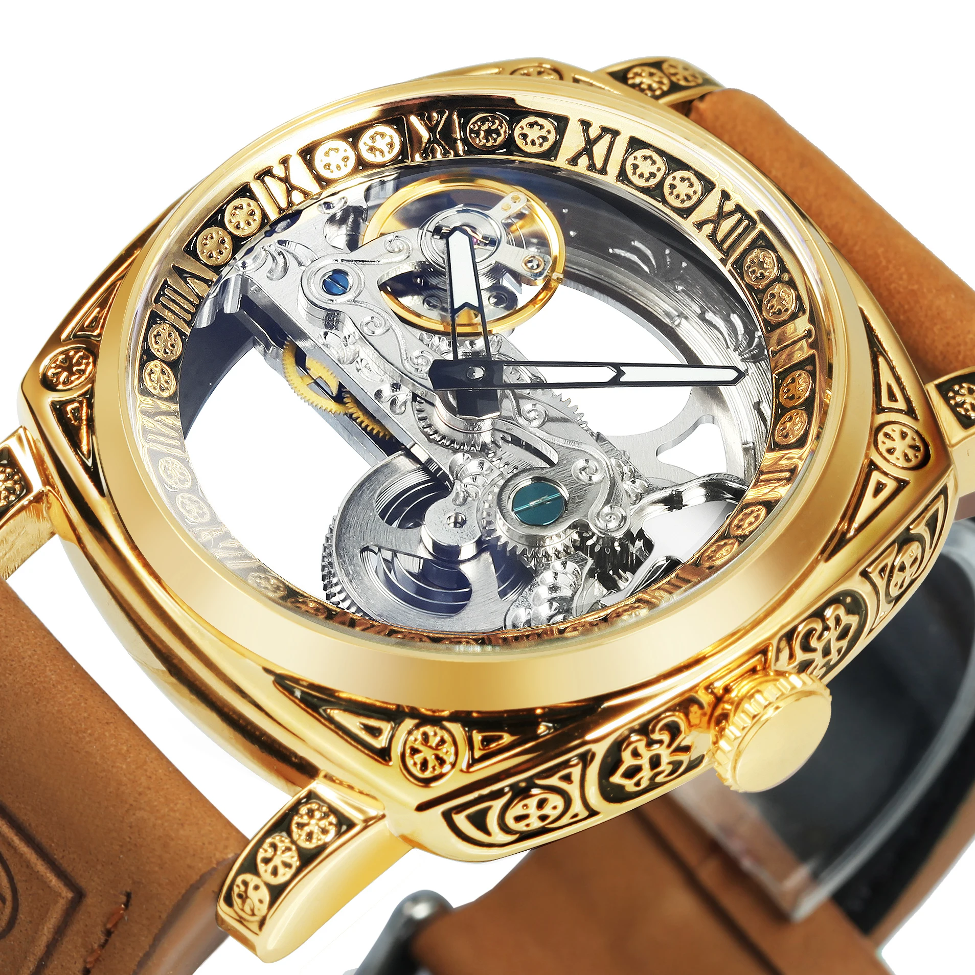 Forsining Luxury Retro Mechanical Watch for Men Engraved Square Skeleton Automatic Mens Watches Leather Steel Strap Wristwatches