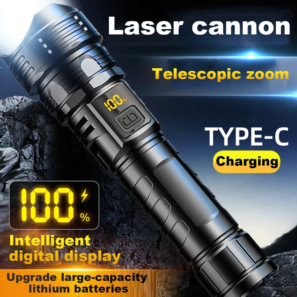 10W White Laser Flashlight Power Display Telescopic Focus Torch 800mAh Waterproof LED Flashlight Type-C Charging for Camping