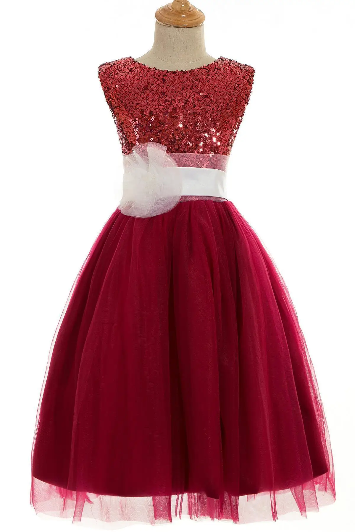 Burgundy Communion Dresses O-neck Sequins Sleeveless Zipper Flower Girl Dress Mesh Flower Bow Belt A Line Wedding Kids Dress