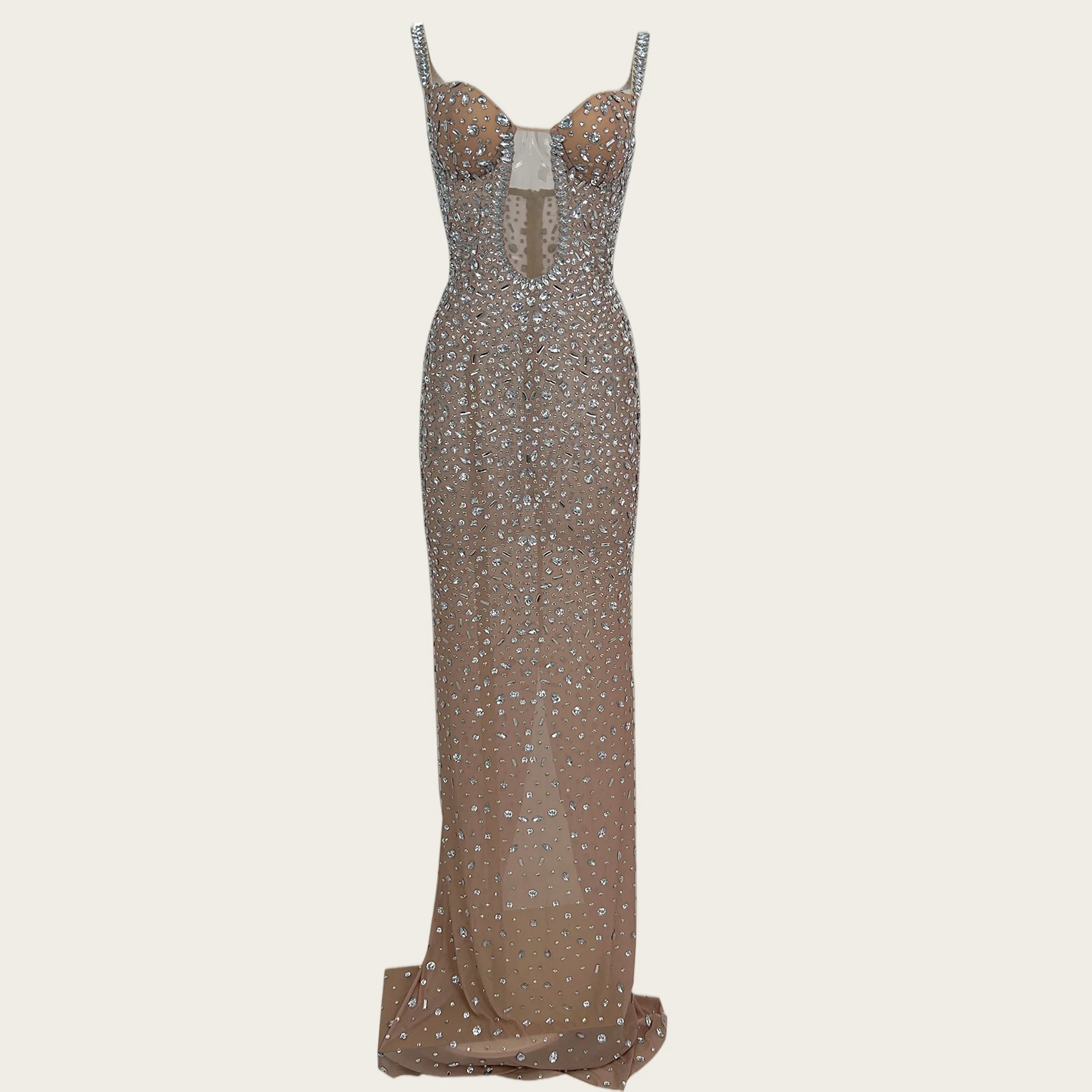 

Elegant Nude Strap Evening Gown Cutout Transparent Mesh Trailing Long Dress Sparkly Crystals Formal Events Prom Dress Jianjiao