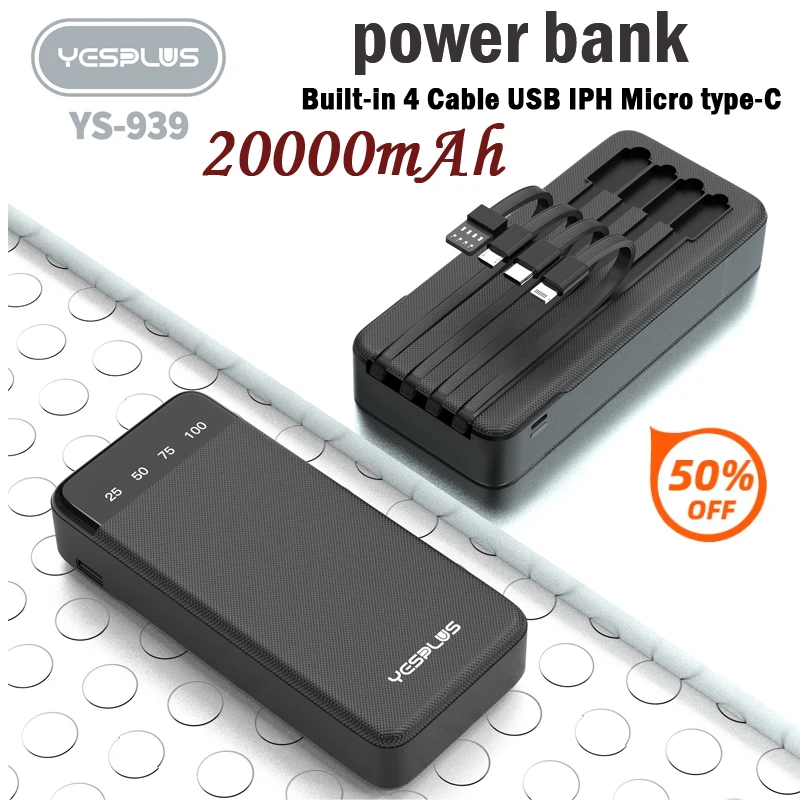 New Power Bank 20000mAh Large Capacity Fast Charging External Battery Comes with 4-Wire Charger LED Display Portable Power Bank