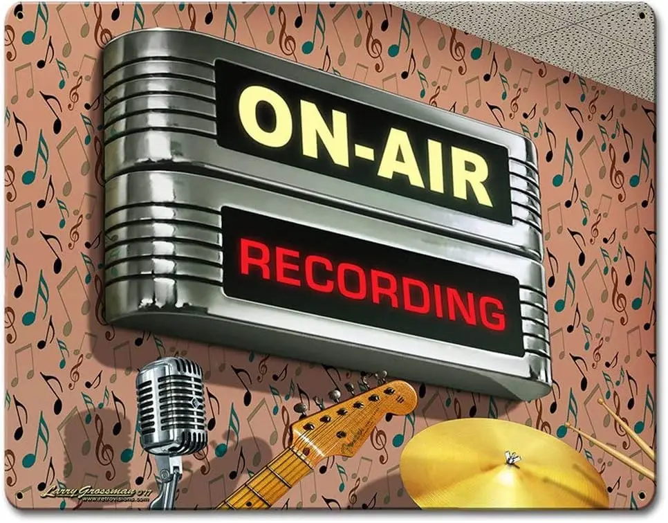 On Air Recording vintage tin signage, wall metal poster plaque, Home Bar Garage men's cave decor,30.48 X 20.32 cm