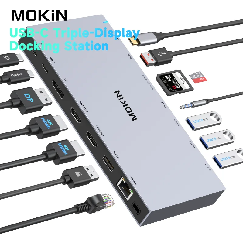 محطة إرساء HDMI مزدوجة 3 شاشات، محطة إرساء الكمبيوتر المحمول MOKiN USB C مع 4K60 هرتز DP، USB 3.1، RJ45، SD/TF، PD 100 وات، لـ Dell/HP #1