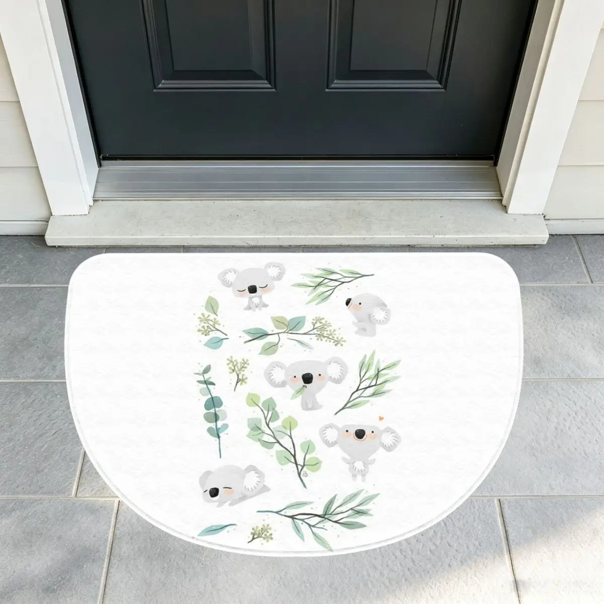 Koala And Eucalyptus Pattern Soft Flannel Half Round Doormat Non Slip Bathroom Mat Absorbent Floor Carpet for Home Bedroom