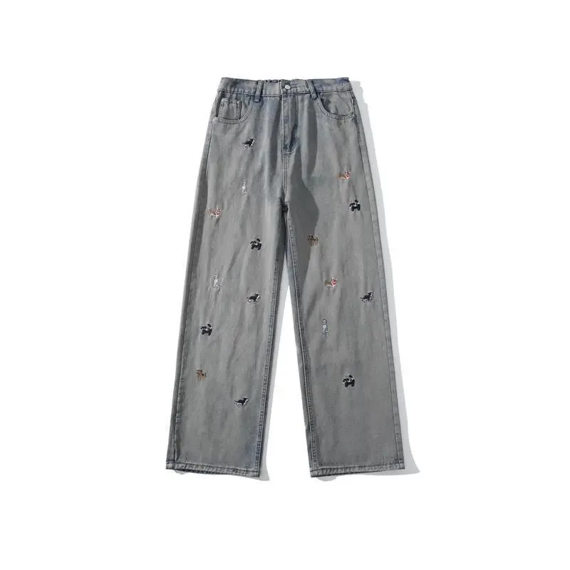 【Mirrordust】American Style Embroidered Vintage Jeans for Men Loose Wide-Leg Casual Long Pants Korean Style