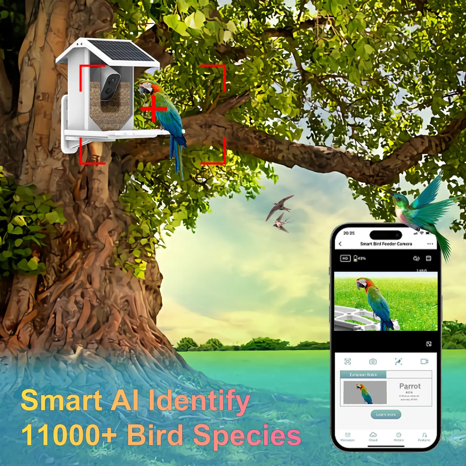 Bird Feeder with Camera,1080HD Bird House Solar Panel Auto Capture Bird Videos App Notify Free AI Identify Bird Species