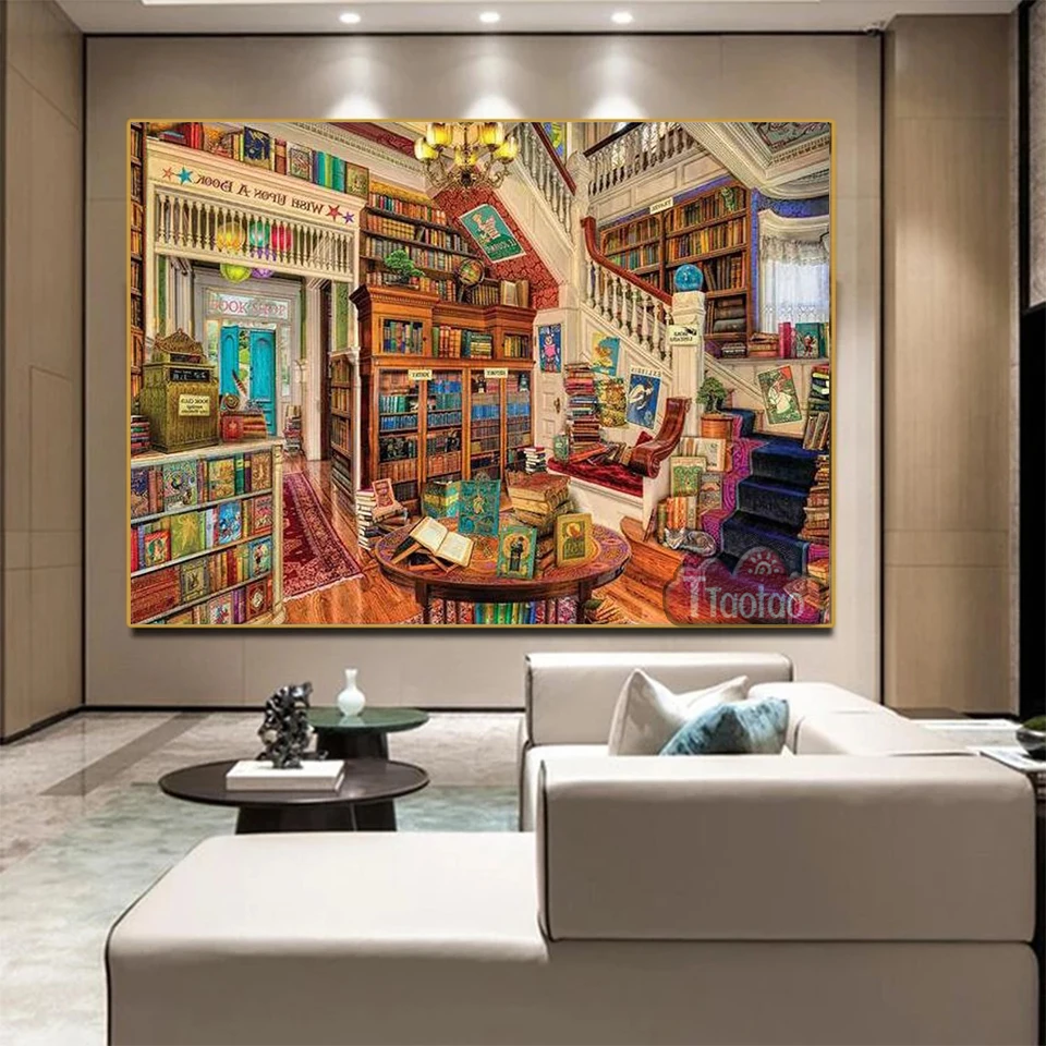 5D Library Landscape Diamond Painting DIY Book Full Square Round Drill Mosaic Bead Embroidery Home Decor Frameless Wall Hanging