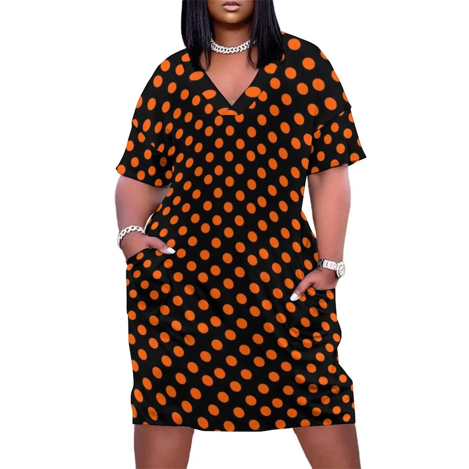 

Orange on Black Polka Dots Loose Pocket Dress luxury dress luxury woman party dress Casual dresses