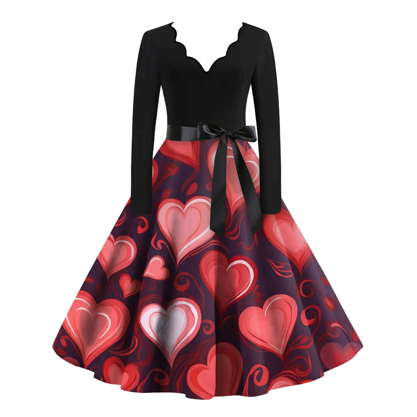 

Women Spring New Robe Long Sleeve V-neck Black Swing Vintage Valentine's Day Dress Sexy Party Dress Heart Print Vestidos