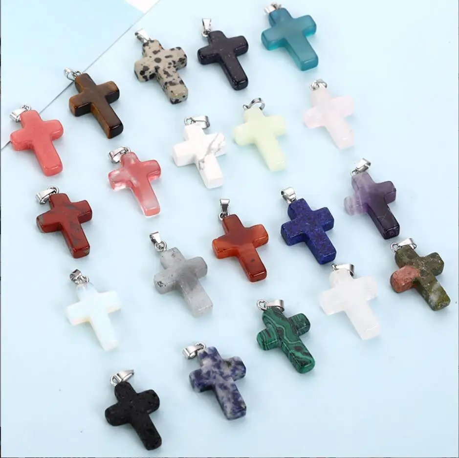 1PC Natural Stone Quartz Crystal Opalite Unakite Agate Trendy Charms Cross Necklace Pendants For Jewelry Making F1678