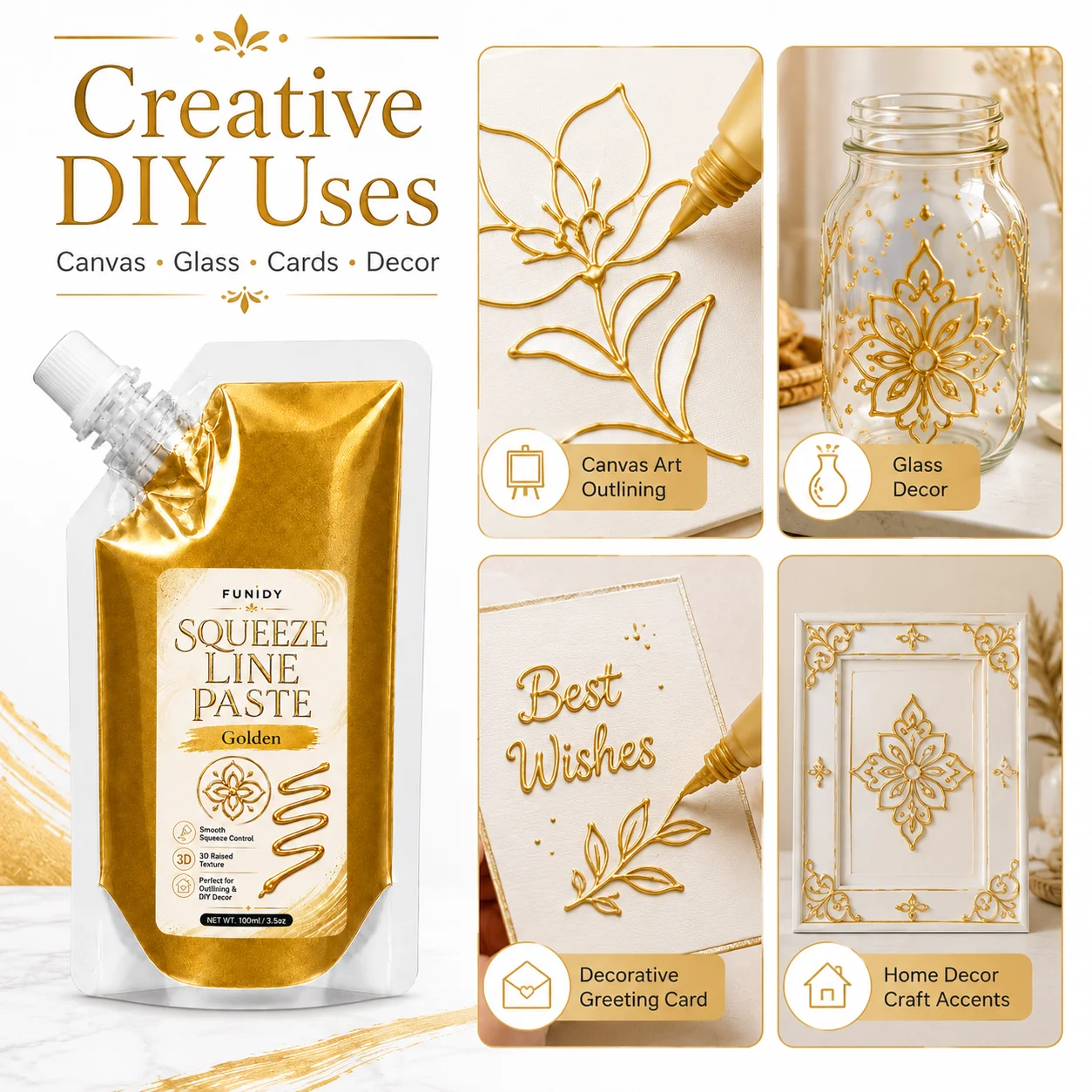 White/Golden Effect 3D Textured Modeling Paste- Ideal for Creating Handmade Holiday Gifts, Textured Art, and Canvas Decor