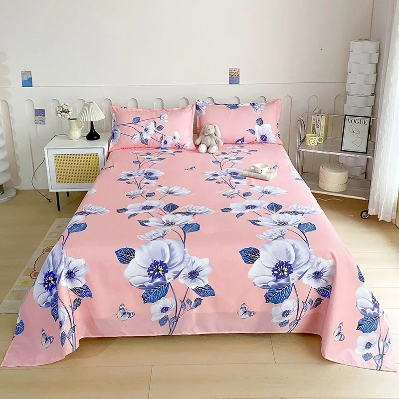 Chic Butterfly Floral Flat Sheet, Soft Garden Flower Pink Bed Sheet Set Botanical Bed Cover with 2 Pillowcase for Women Girls