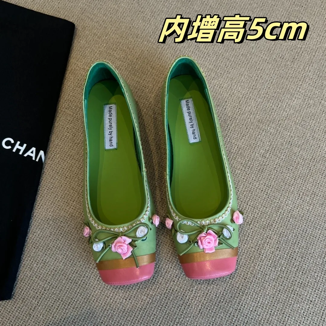 

Sheepskin Version ~ Genuine Leather Hidden Wedge Square Toe Shallow Mouth Single Shoes for Women Fairy Style Slip-On Flower Bow